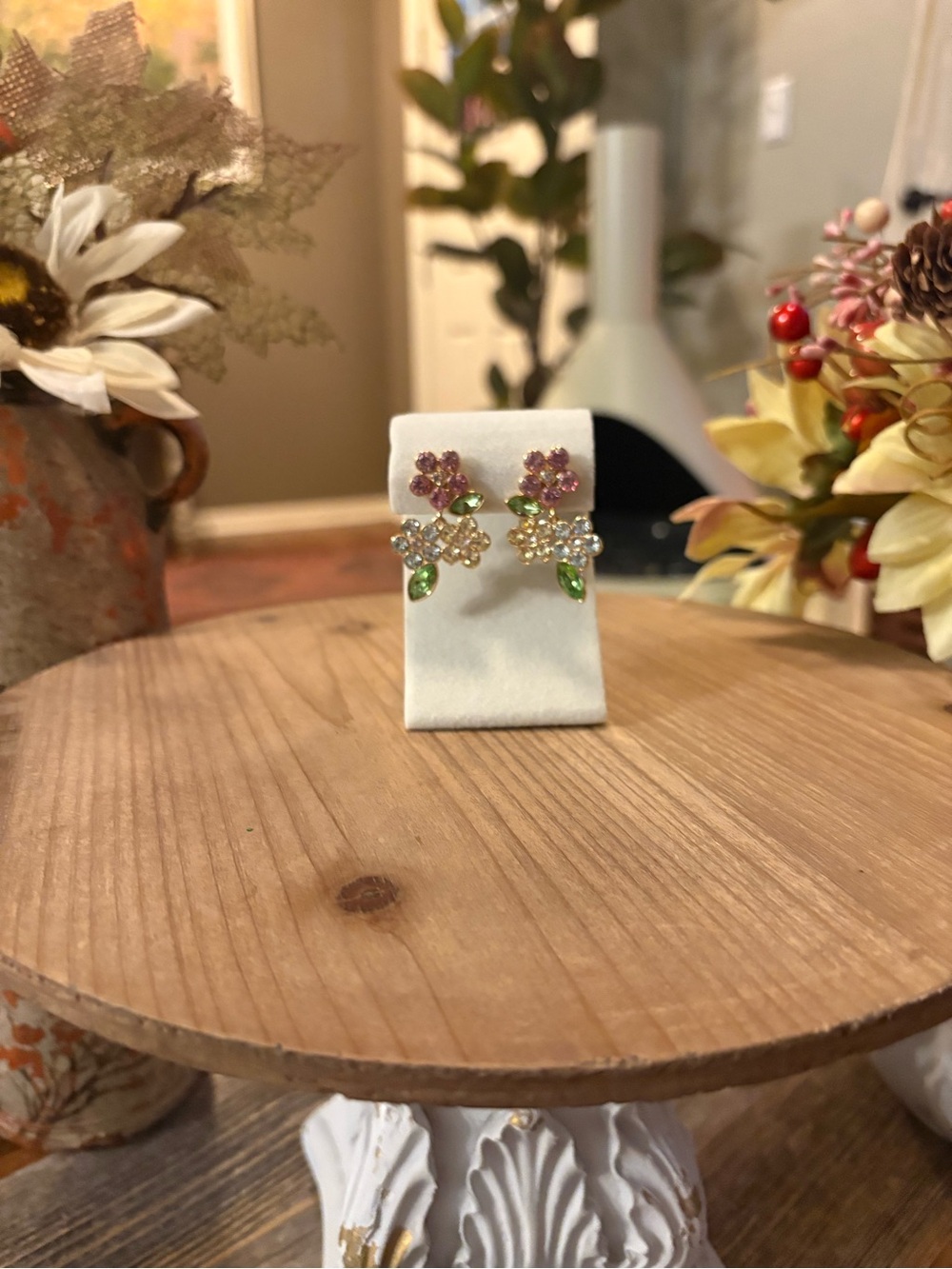 Pink Green Floral Rhinestone Dangle Post Earrings Gold Tone